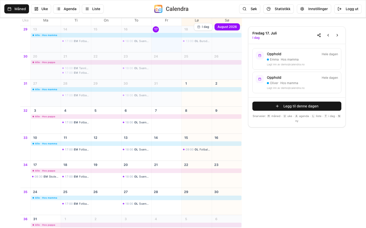Calendra på desktop: månedsvisning med samværsbånd, aktiviteter og dagpanel