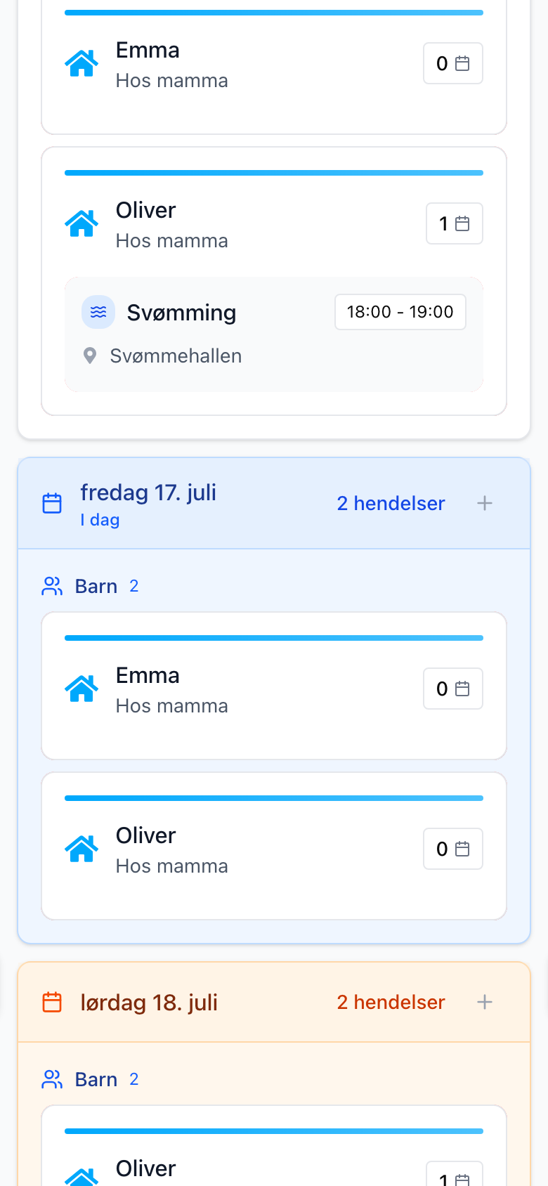 Calendra på mobil: dagens oversikt med barna, opphold og aktiviteter