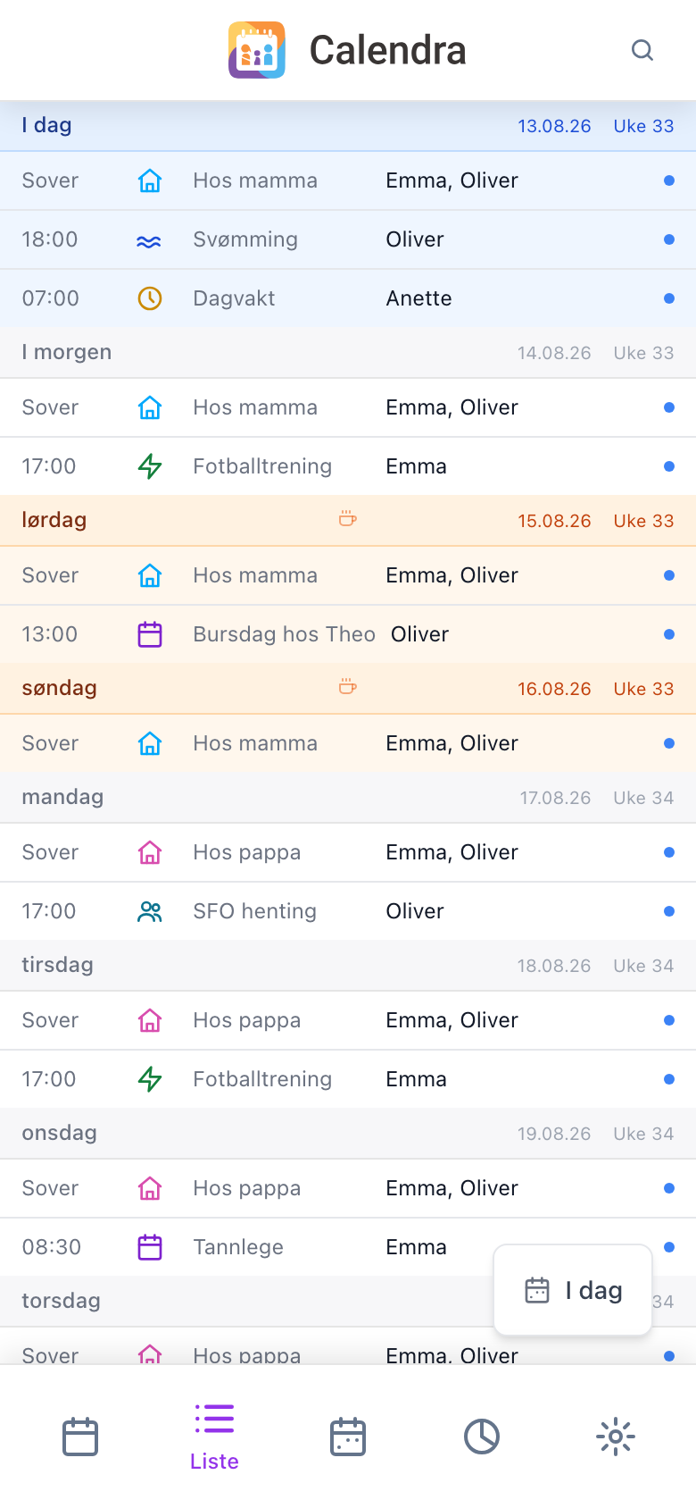 Listesvisningen i Calendra på mobil